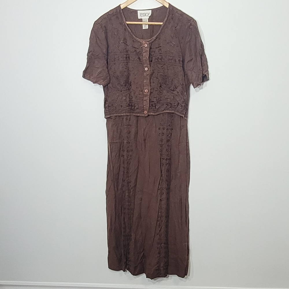 Vintage Dark Brown Short Sleeve Button Vest Front Embroidered Patterned Large